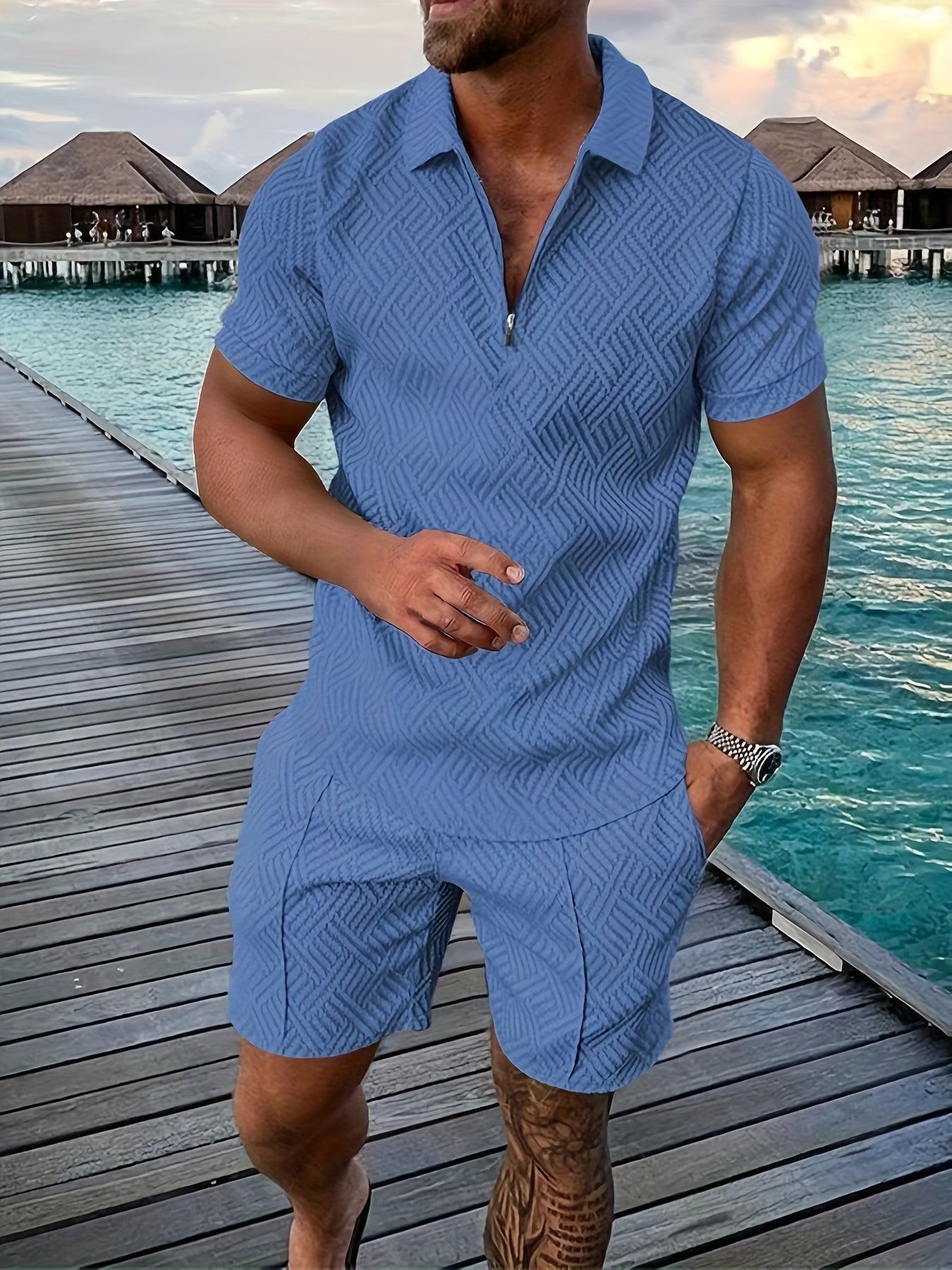 Ensemble homme – Coupe slim – Tissu léger respirant – Motif géométrique – Zip moderne