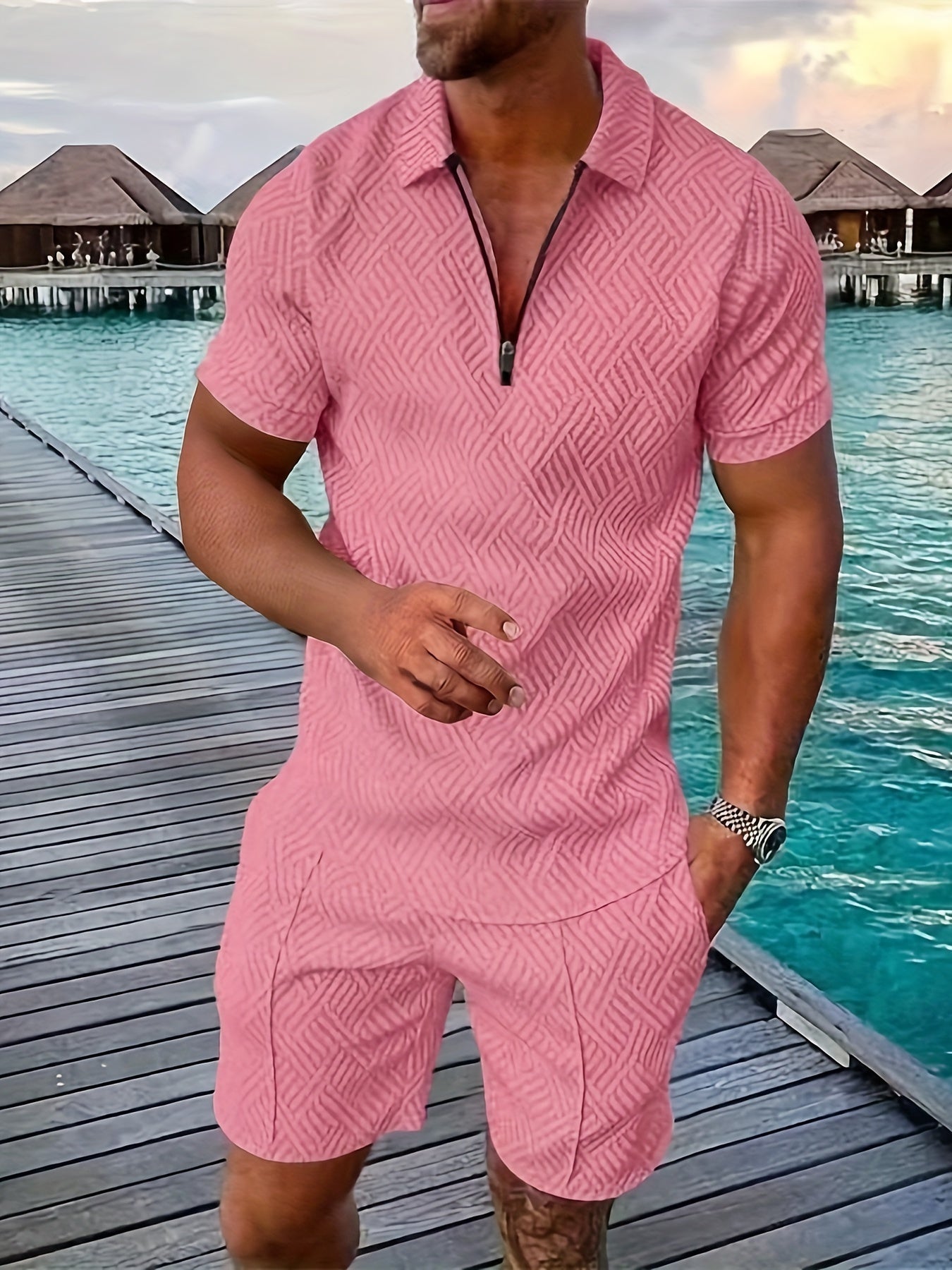 Ensemble homme – Coupe slim – Tissu léger respirant – Motif géométrique – Zip moderne