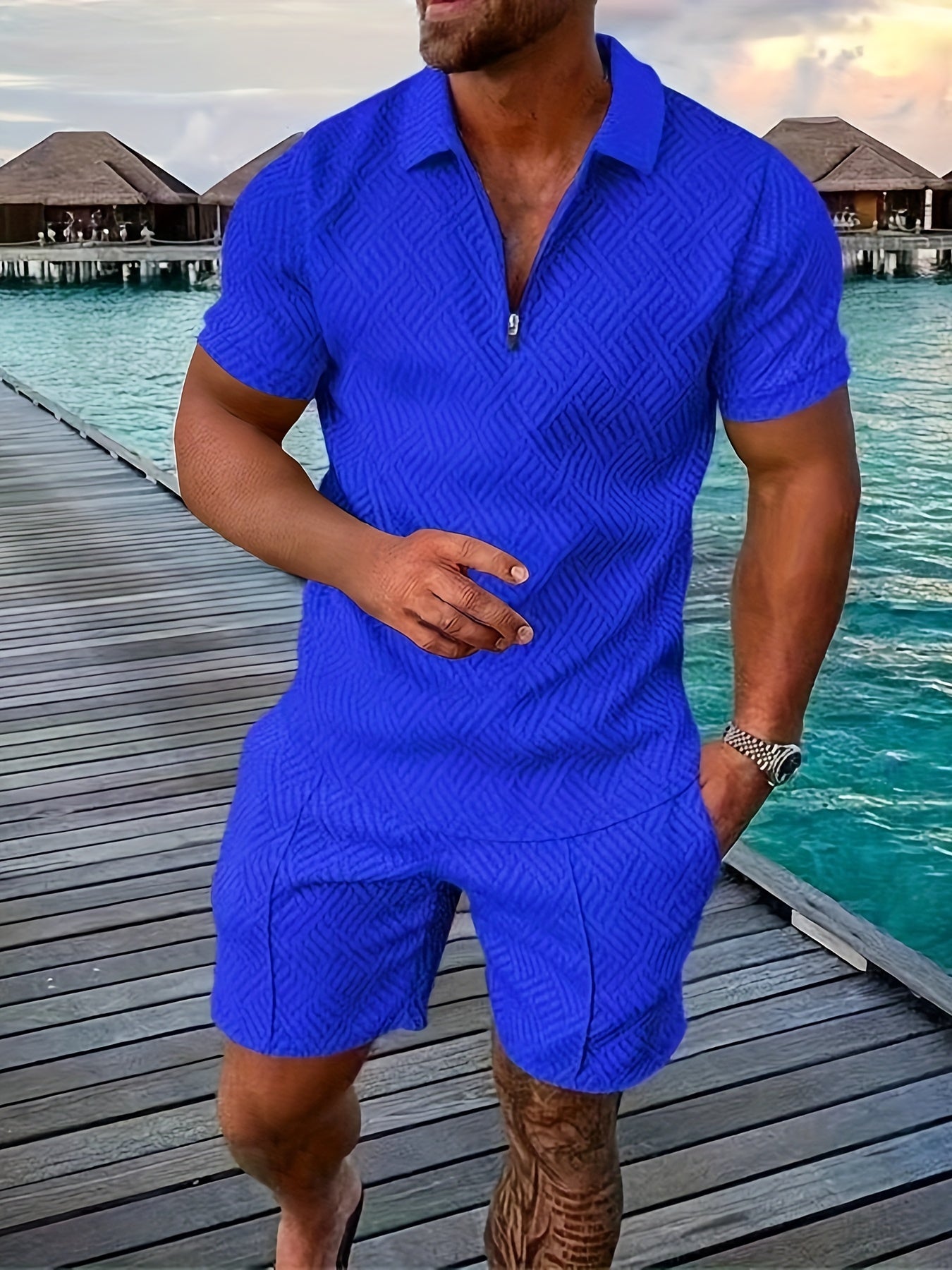 Ensemble homme – Coupe slim – Tissu léger respirant – Motif géométrique – Zip moderne
