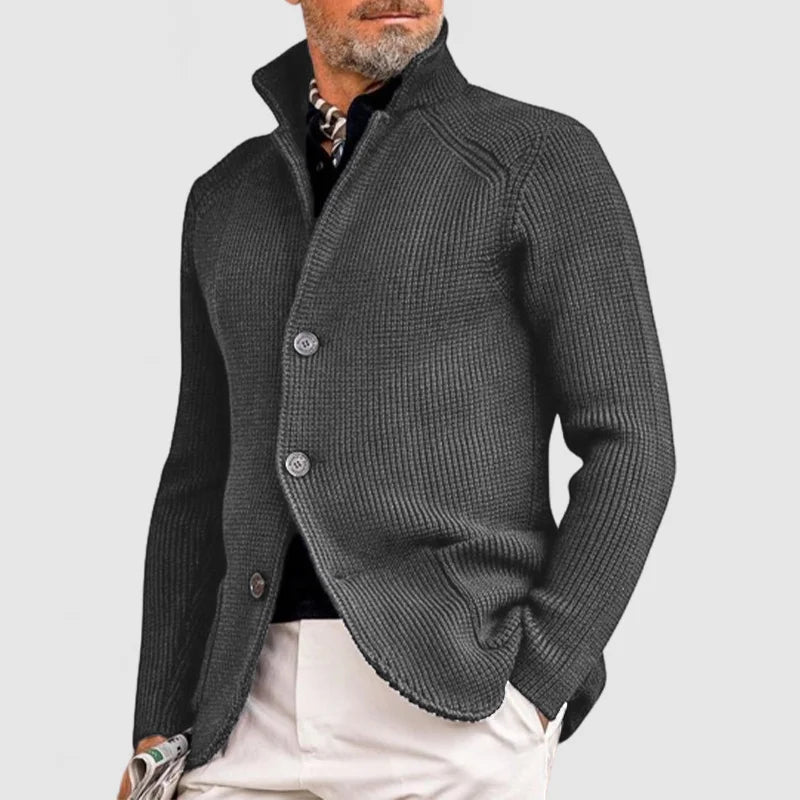 Cardigan homme – Maille en laine – Coupe ajustée – Col montant boutonné
