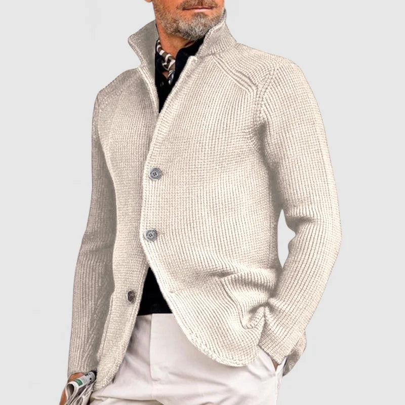 Cardigan homme – Maille en laine – Coupe ajustée – Col montant boutonné