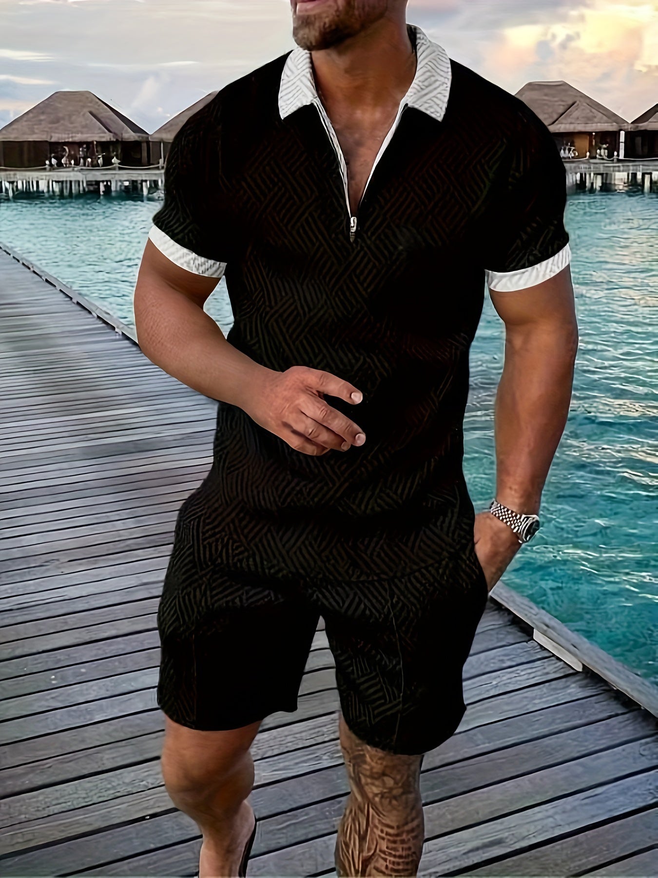 Ensemble homme – Coupe slim – Tissu léger respirant – Motif géométrique – Zip moderne