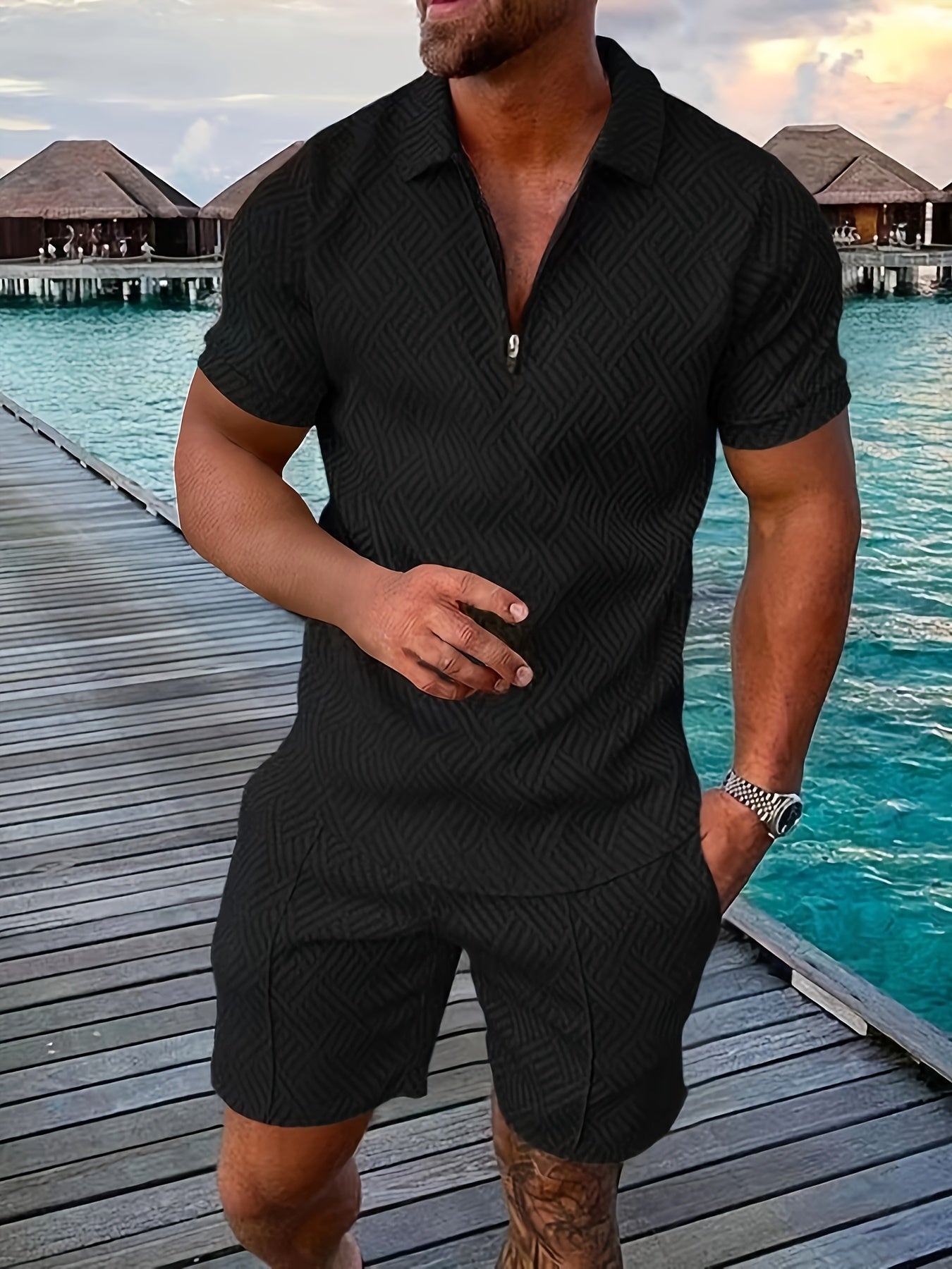 Ensemble homme – Coupe slim – Tissu léger respirant – Motif géométrique – Zip moderne