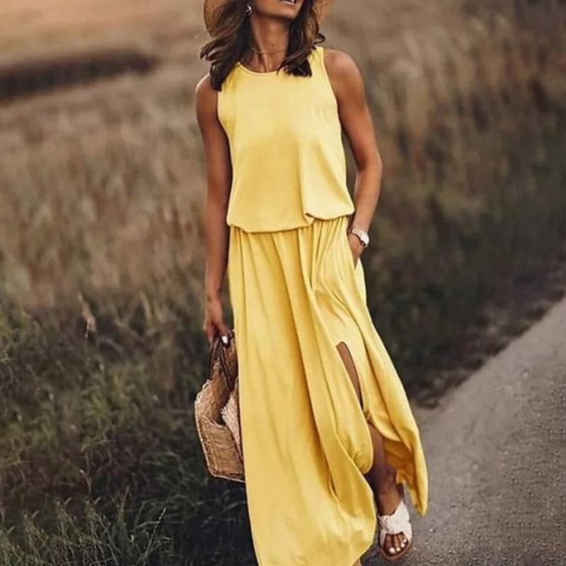 Robe longue femme – Coupe fluide bohème – Taille élastique – Sans manches fendue