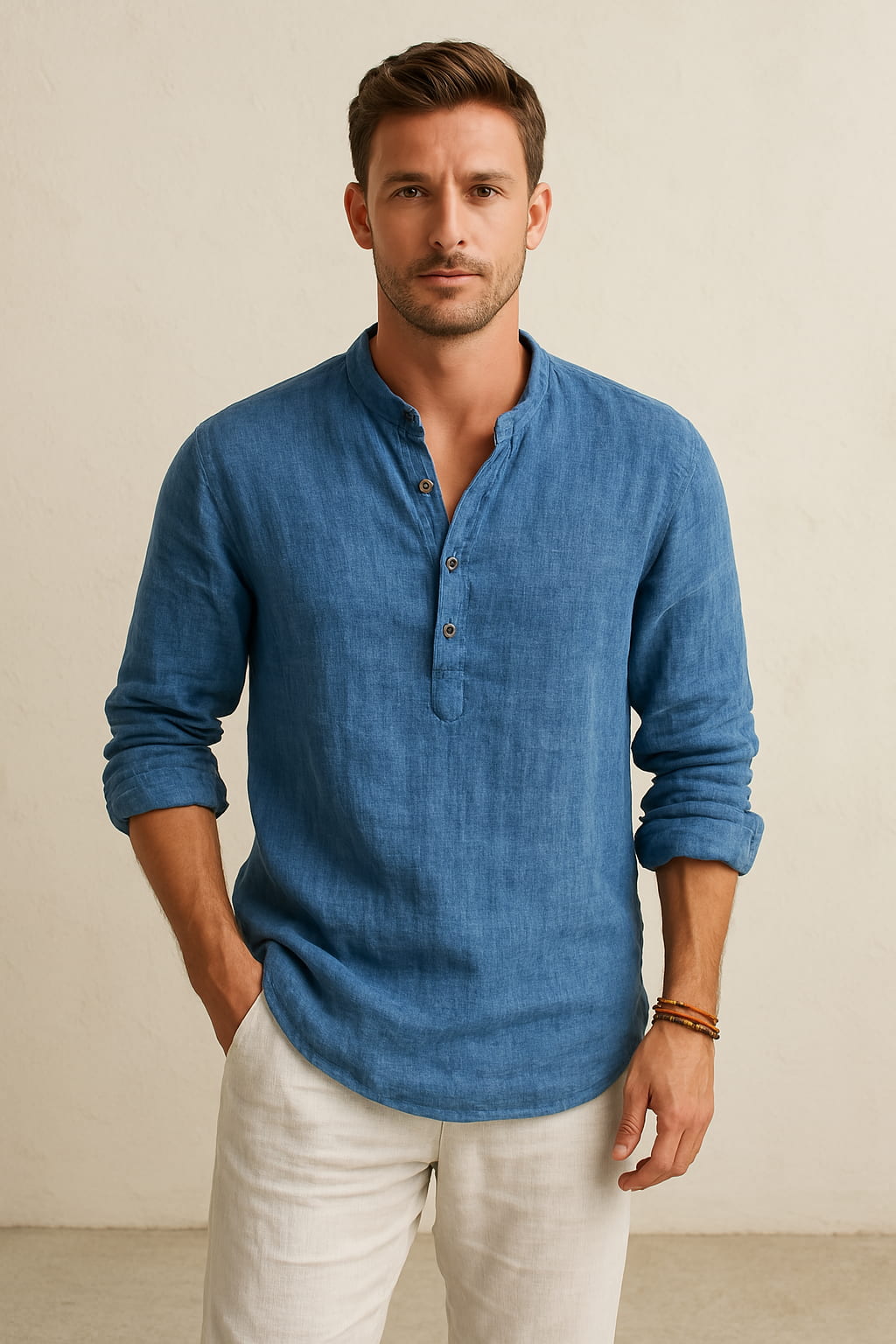 Chemise homme – Lin respirant – Coupe décontractée – Col mao manches longues