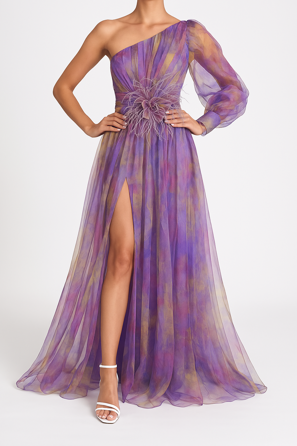 Robe de soirée femme – Une épaule – Fente haute – Détail floral – Tissu fluide
