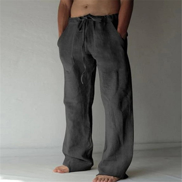 Pantalon homme – Lin respirant – Coupe ample – Jambe large – Taille à cordon