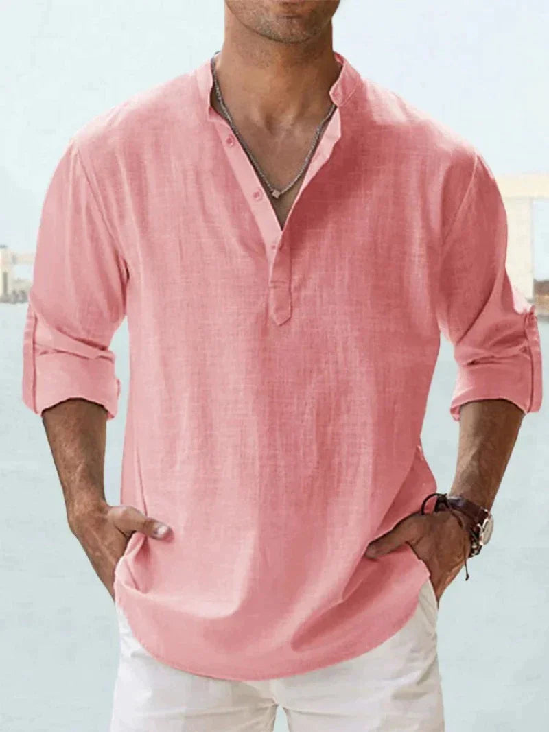Chemise homme – Lin respirant – Coupe décontractée – Col mao manches longues