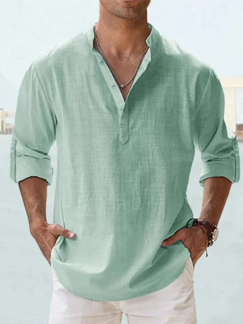 Chemise homme – Lin respirant – Coupe décontractée – Col mao manches longues