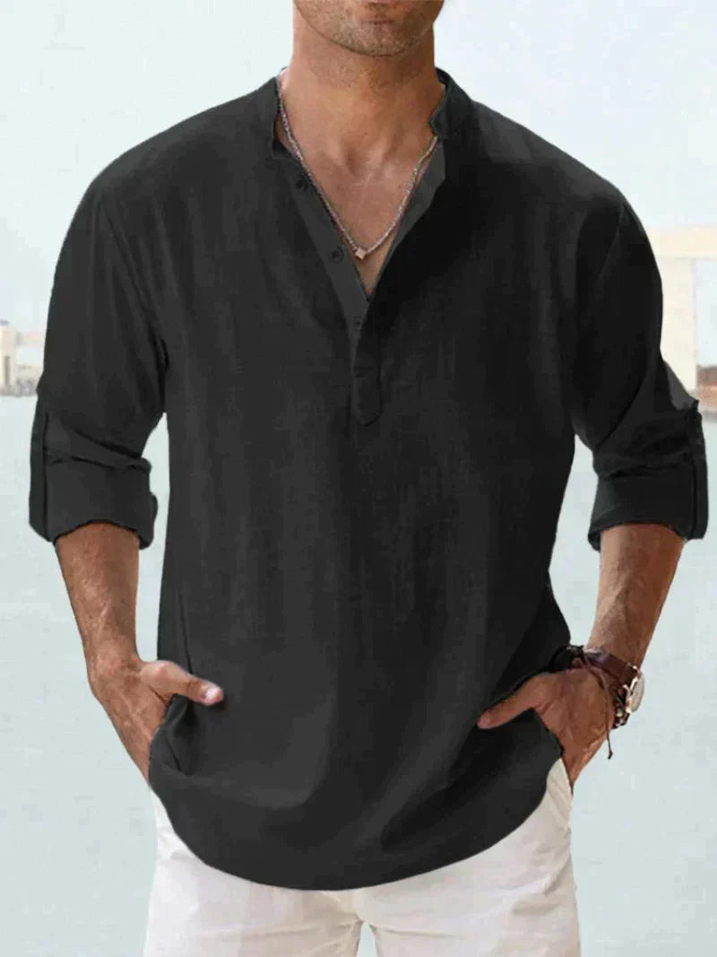 Chemise homme – Lin respirant – Coupe décontractée – Col mao manches longues