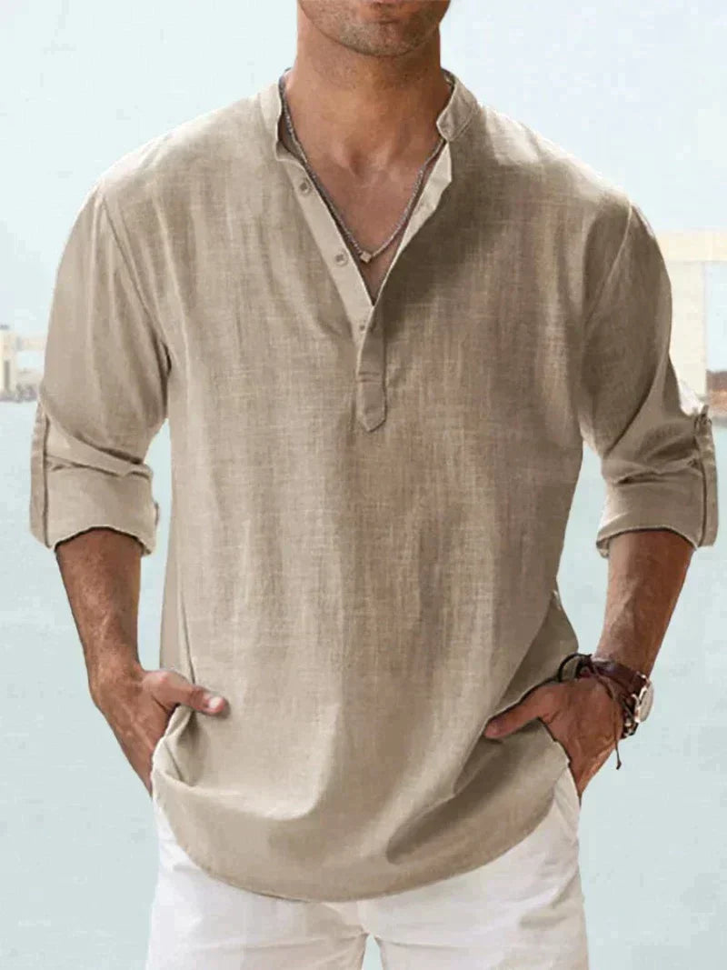 Chemise homme – Lin respirant – Coupe décontractée – Col mao manches longues