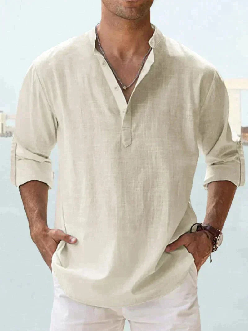 Chemise homme – Lin respirant – Coupe décontractée – Col mao manches longues