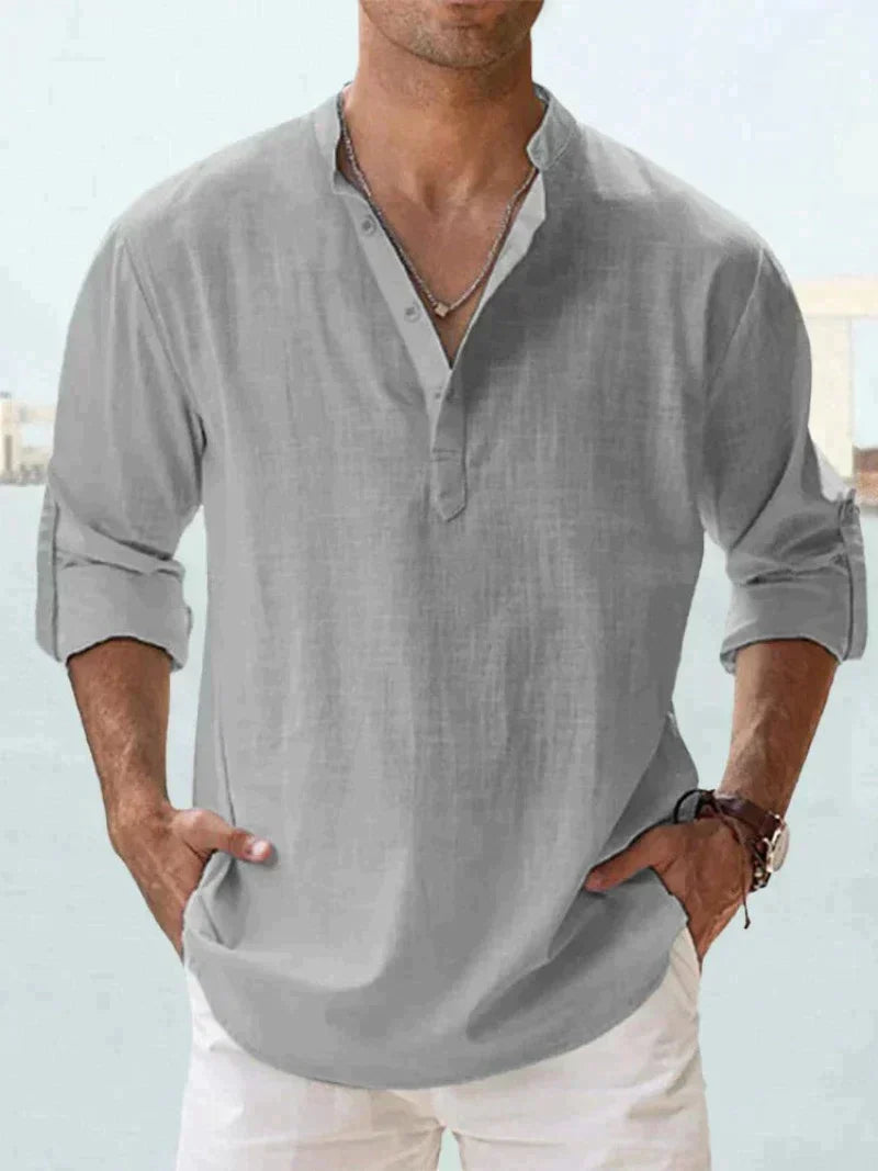 Chemise homme – Lin respirant – Coupe décontractée – Col mao manches longues