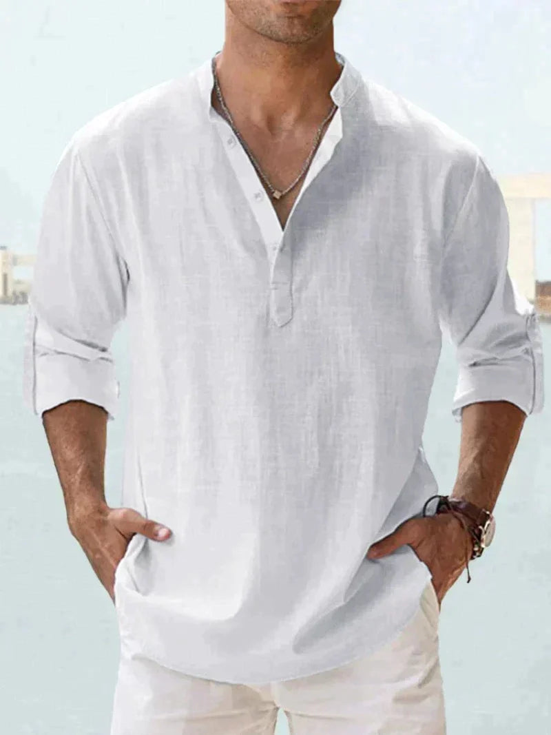 Chemise homme – Lin respirant – Coupe décontractée – Col mao manches longues