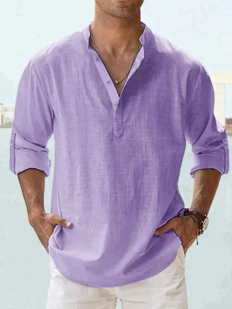 Chemise homme – Lin respirant – Coupe décontractée – Col mao manches longues