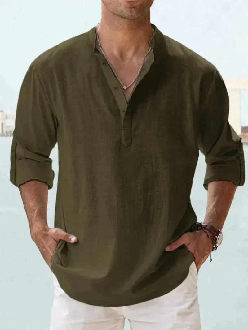 Chemise homme – Lin respirant – Coupe décontractée – Col mao manches longues