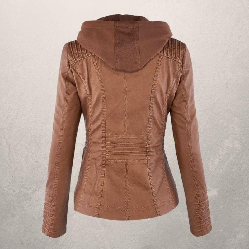 Veste en cuir femme – Coupe slim – Capuche à cordon – Poches zippées – Style urbain
