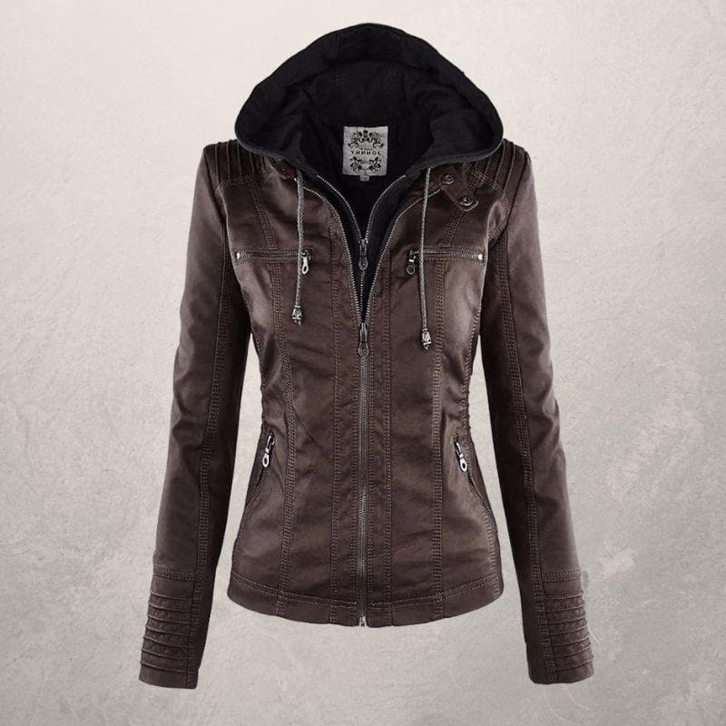 Veste en cuir femme – Coupe slim – Capuche à cordon – Poches zippées – Style urbain