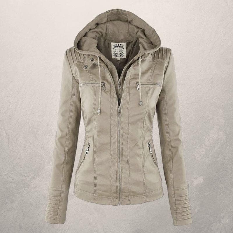 Veste en cuir femme – Coupe slim – Capuche à cordon – Poches zippées – Style urbain