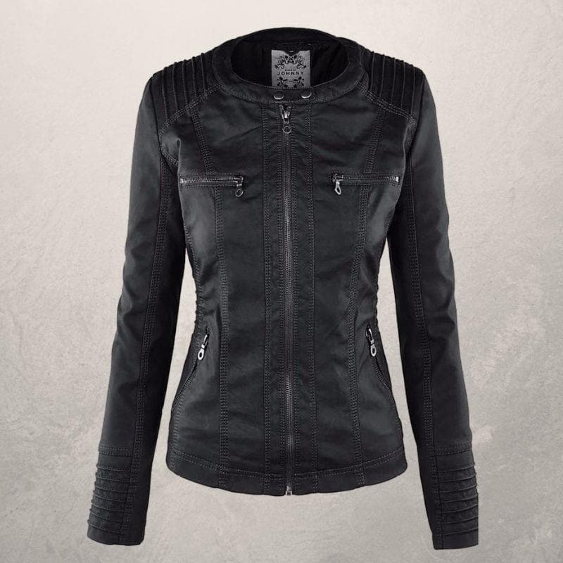 Veste en cuir femme – Coupe slim – Capuche à cordon – Poches zippées – Style urbain