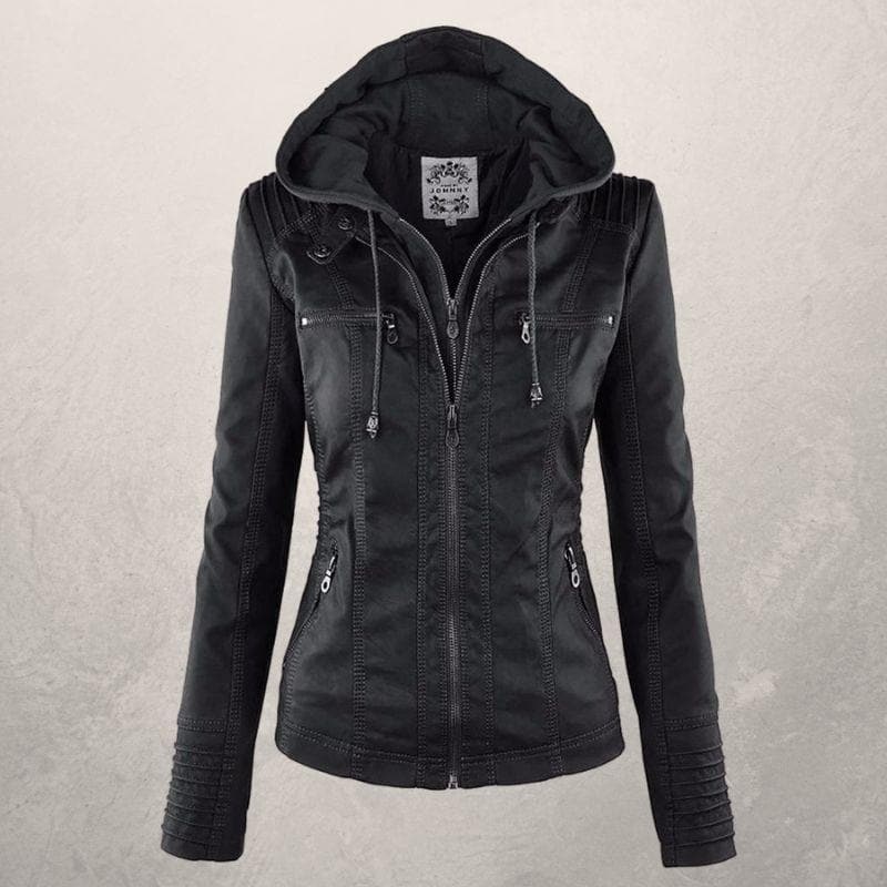 Veste en cuir femme – Coupe slim – Capuche à cordon – Poches zippées – Style urbain