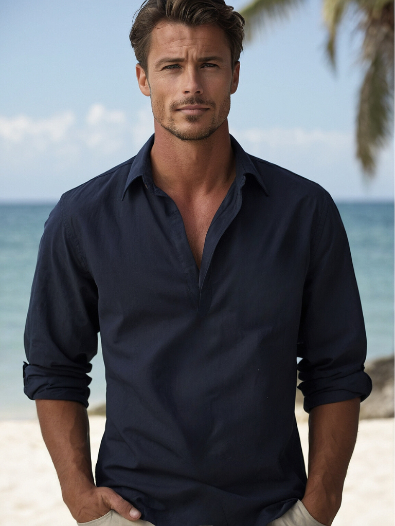 Chemise homme – Lin respirant – Coupe décontractée – Col mao manches longues