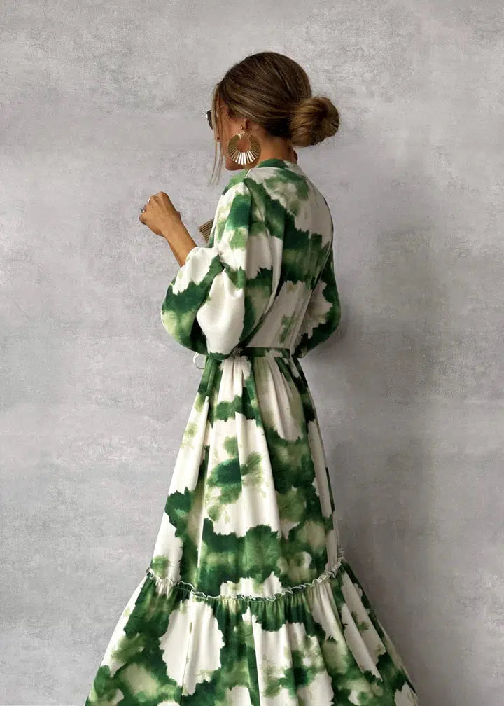 Robe longue femme – Manches longues – Décolleté en V – Taille ceinturée fluide