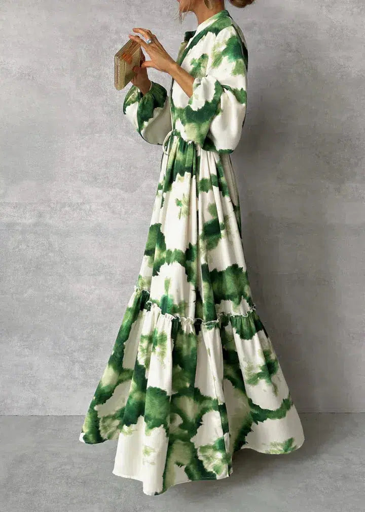 Robe longue femme – Manches longues – Décolleté en V – Taille ceinturée fluide