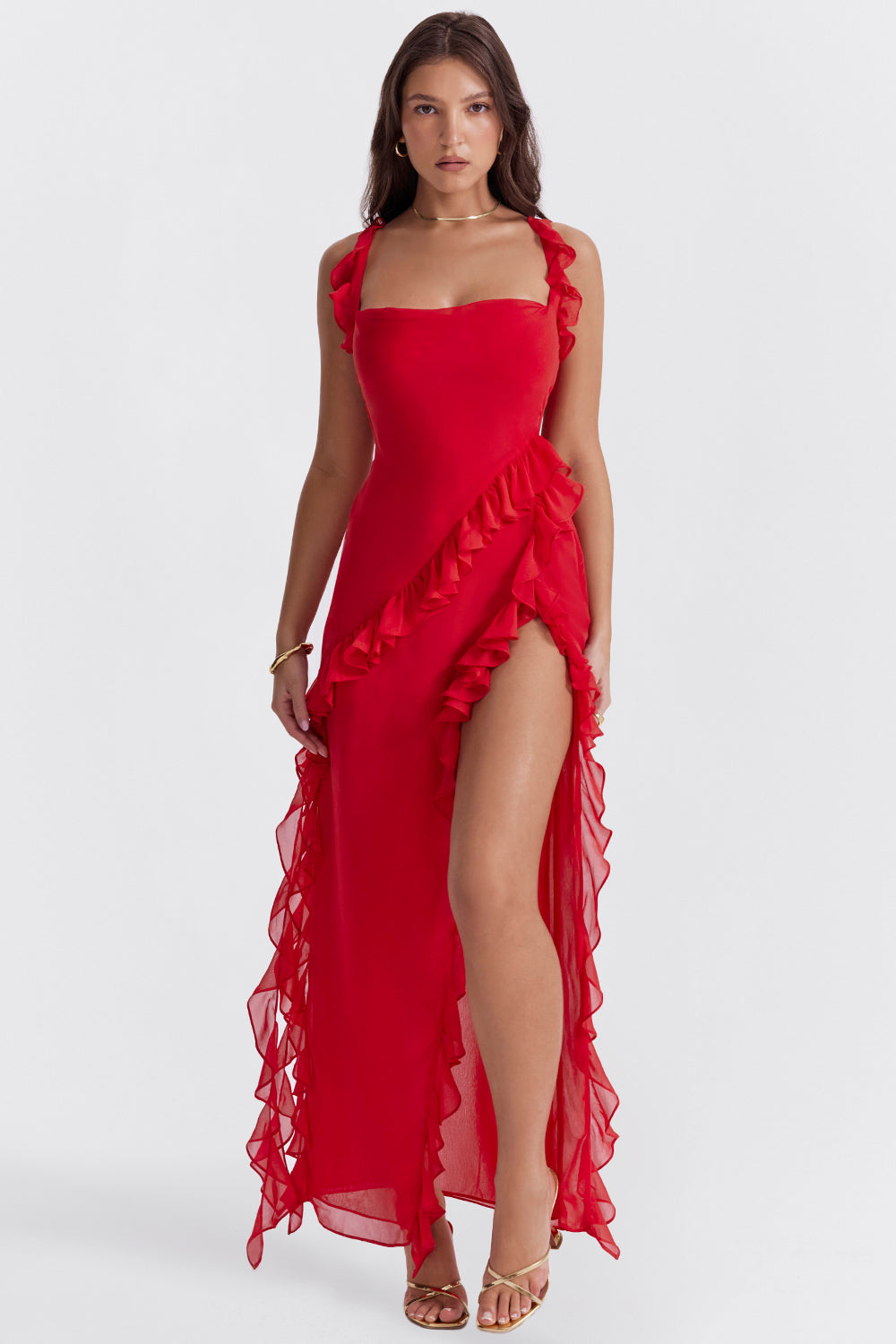 Robe femme longue – Fente haute – Bretelles réglables – Détail volant – Coupe élégante