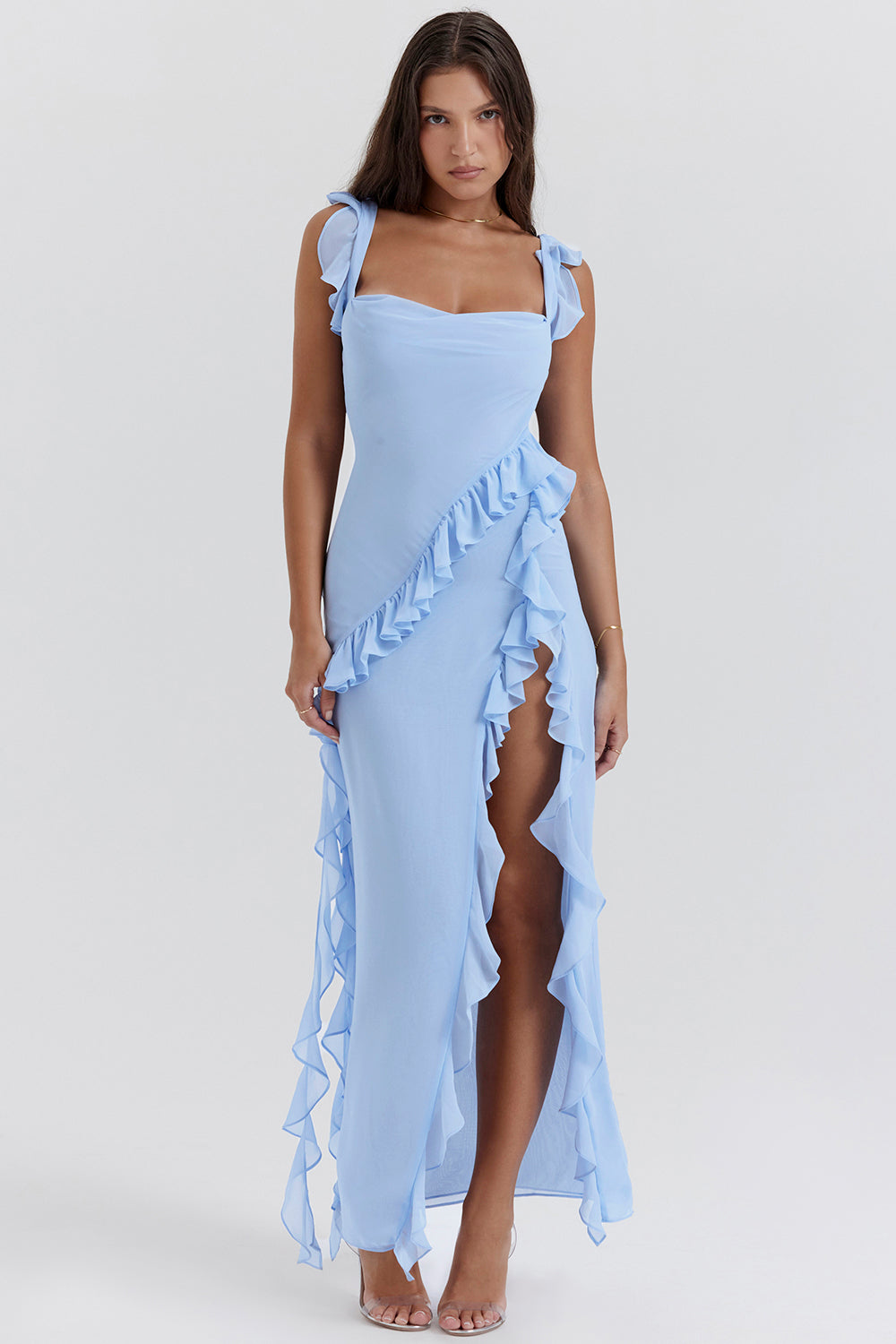 Robe femme longue – Fente haute – Bretelles réglables – Détail volant – Coupe élégante