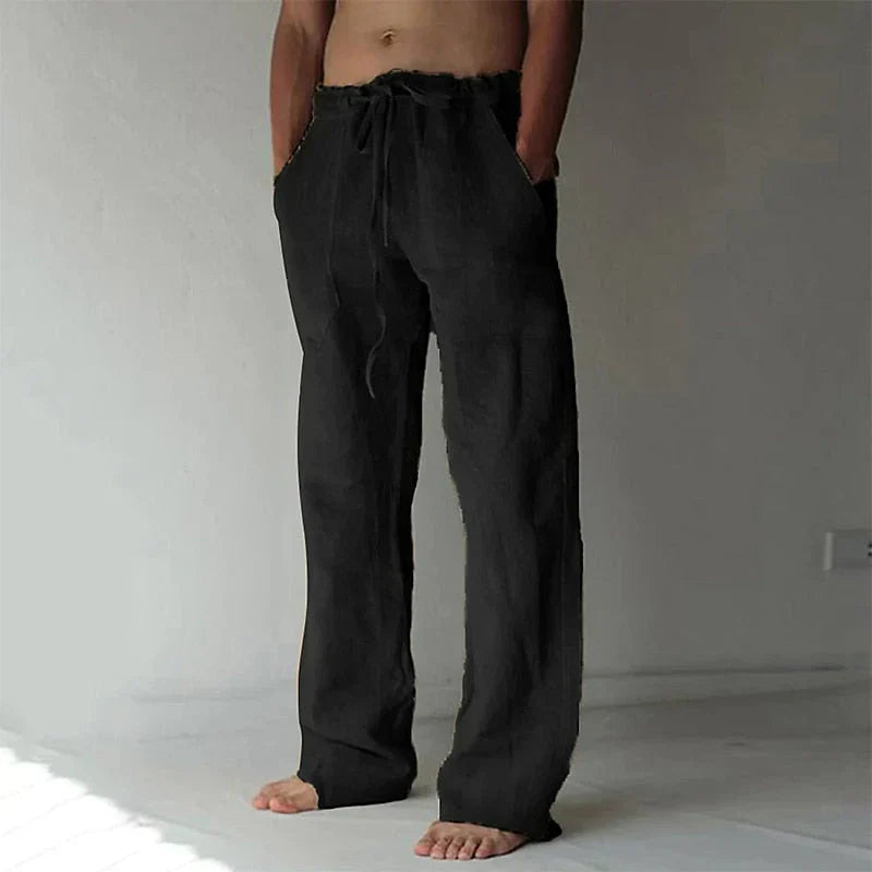 Pantalon homme – Lin respirant – Coupe ample – Jambe large – Taille à cordon