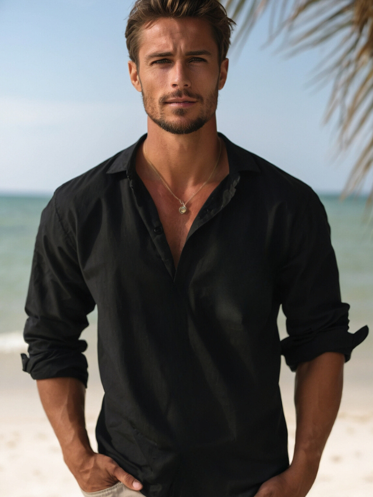 Chemise homme – Lin respirant – Coupe décontractée – Col mao manches longues