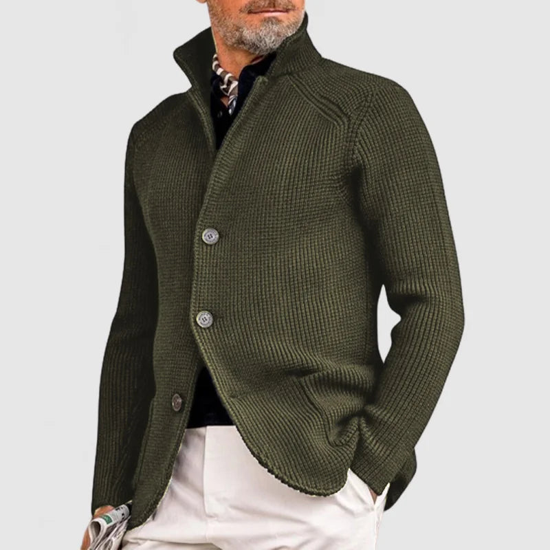 Cardigan homme – Maille en laine – Coupe ajustée – Col montant boutonné