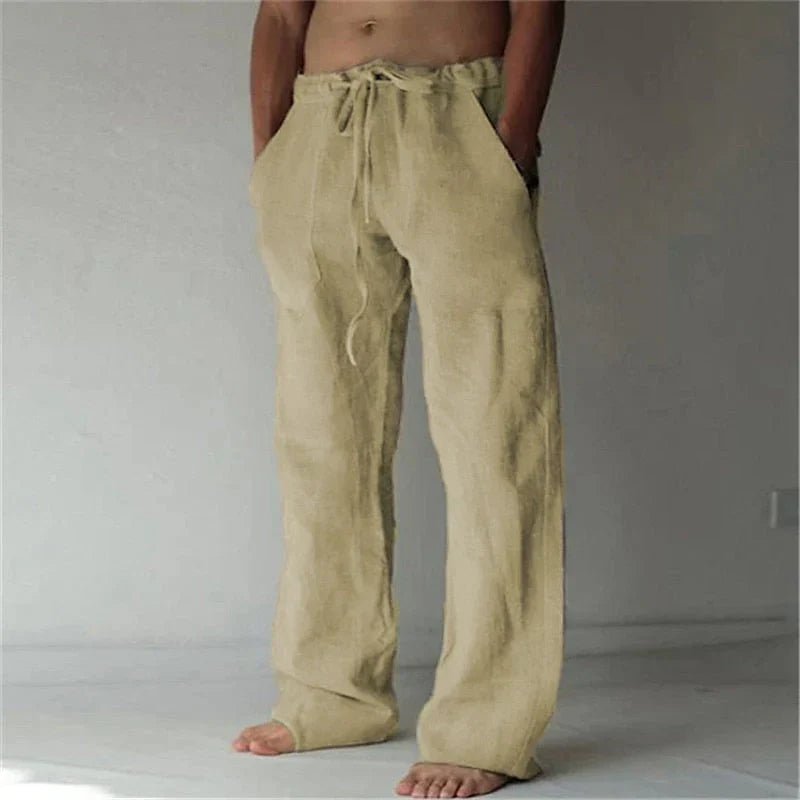 Pantalon homme – Lin respirant – Coupe ample – Jambe large – Taille à cordon