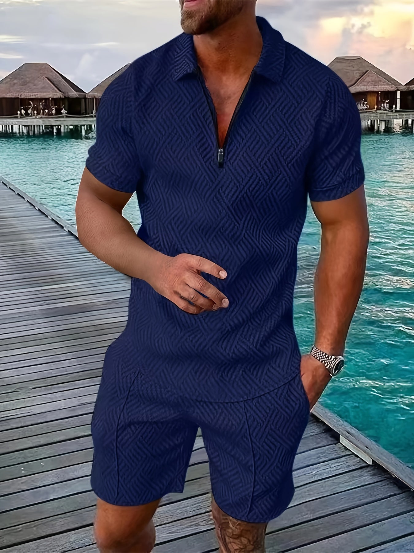Ensemble homme – Coupe slim – Tissu léger respirant – Motif géométrique – Zip moderne