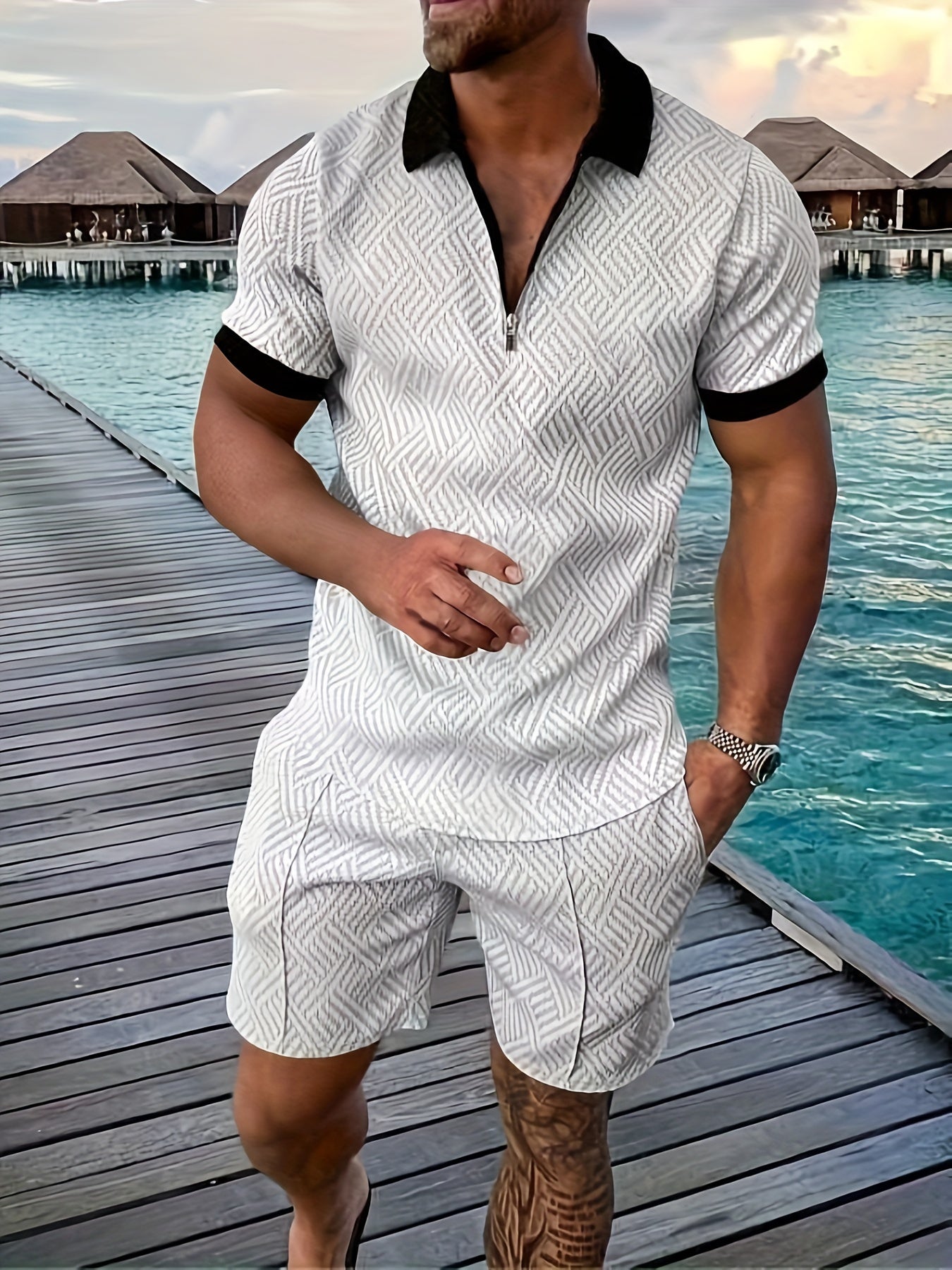 Ensemble homme – Coupe slim – Tissu léger respirant – Motif géométrique – Zip moderne