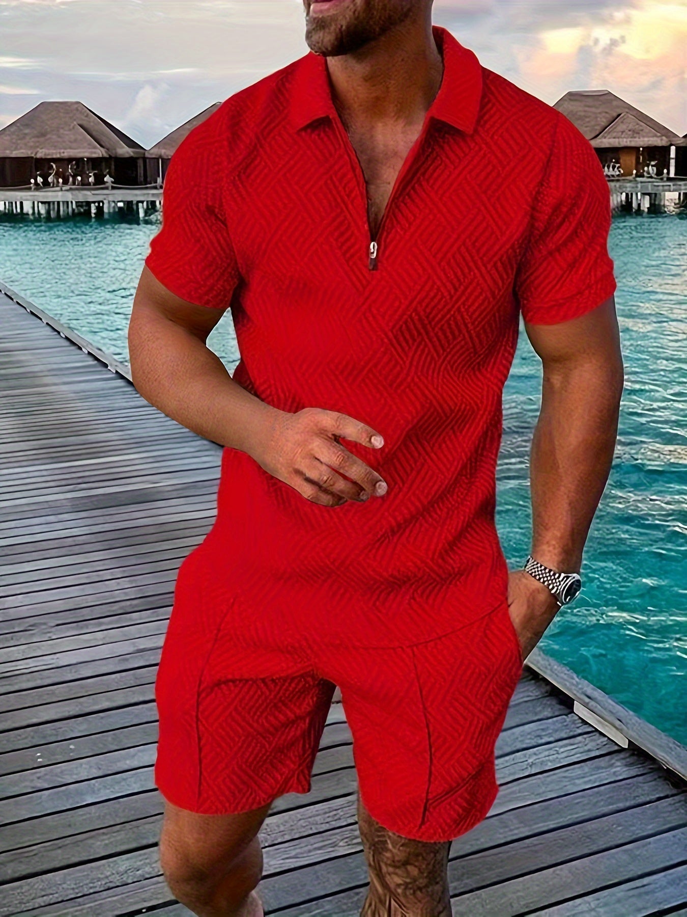 Ensemble homme – Coupe slim – Tissu léger respirant – Motif géométrique – Zip moderne