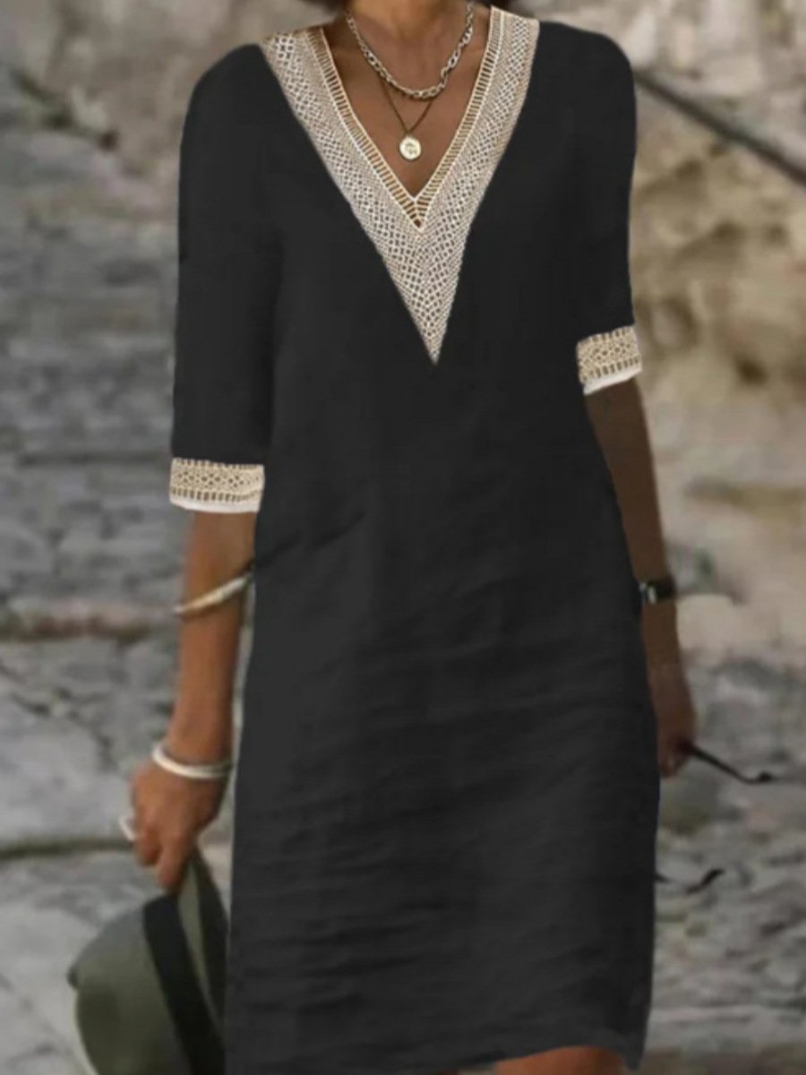 Robe femme décontractée – Coupe droite – Lin mélangé – Col V dentelle – Manches 3/4