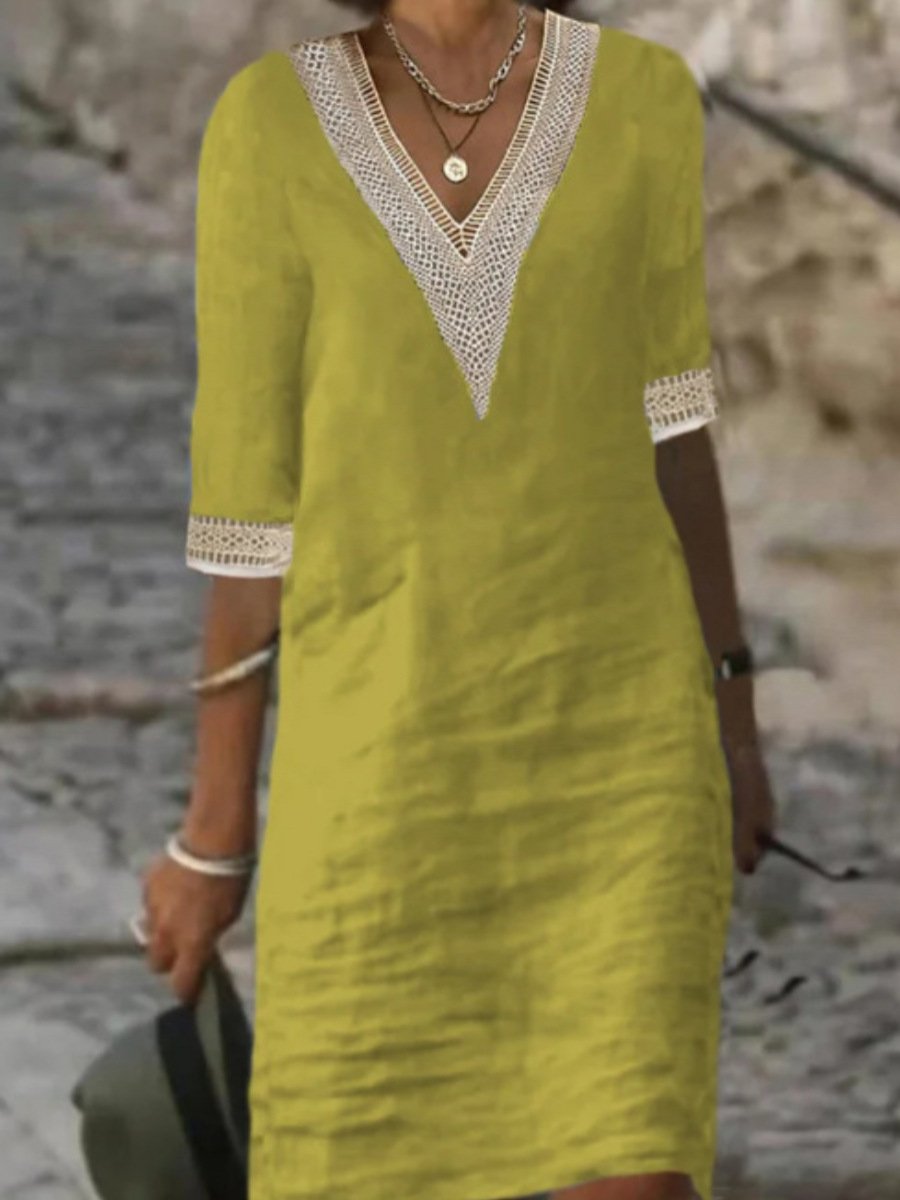 Robe femme décontractée – Coupe droite – Lin mélangé – Col V dentelle – Manches 3/4