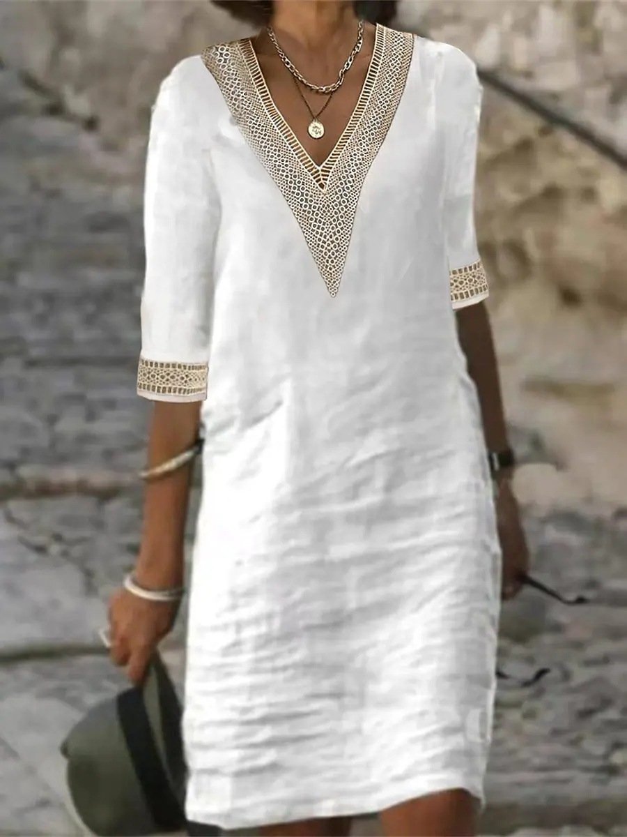 Robe femme décontractée – Coupe droite – Lin mélangé – Col V dentelle – Manches 3/4
