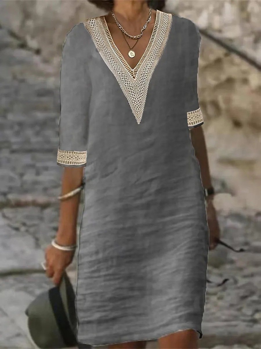 Robe femme décontractée – Coupe droite – Lin mélangé – Col V dentelle – Manches 3/4