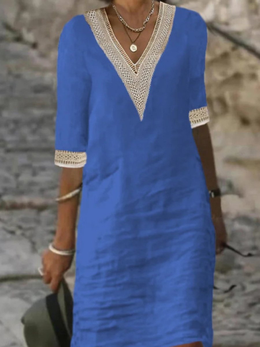 Robe femme décontractée – Coupe droite – Lin mélangé – Col V dentelle – Manches 3/4