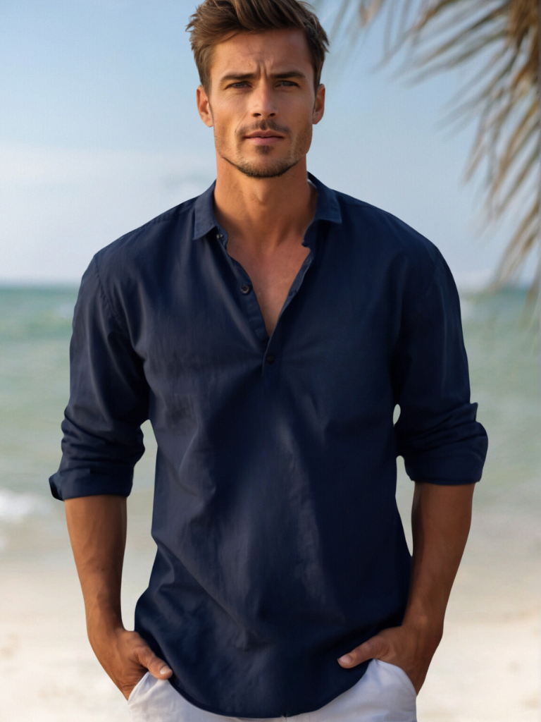 Chemise homme – Lin respirant – Coupe décontractée – Col mao manches longues