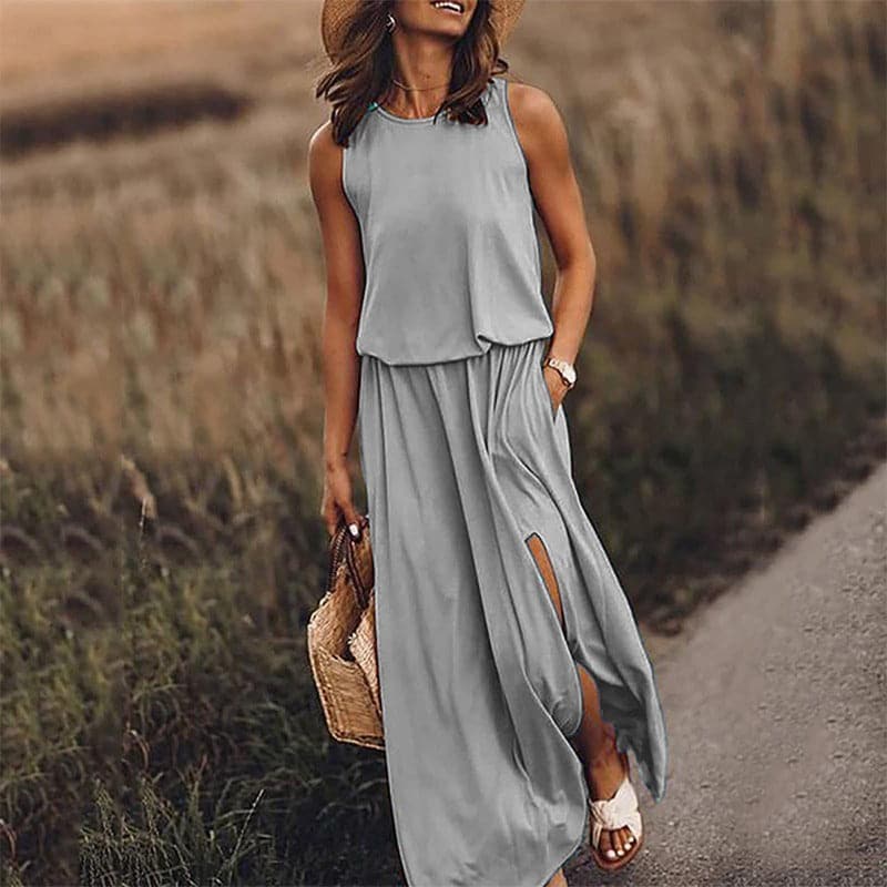 Robe longue femme – Coupe fluide bohème – Taille élastique – Sans manches fendue