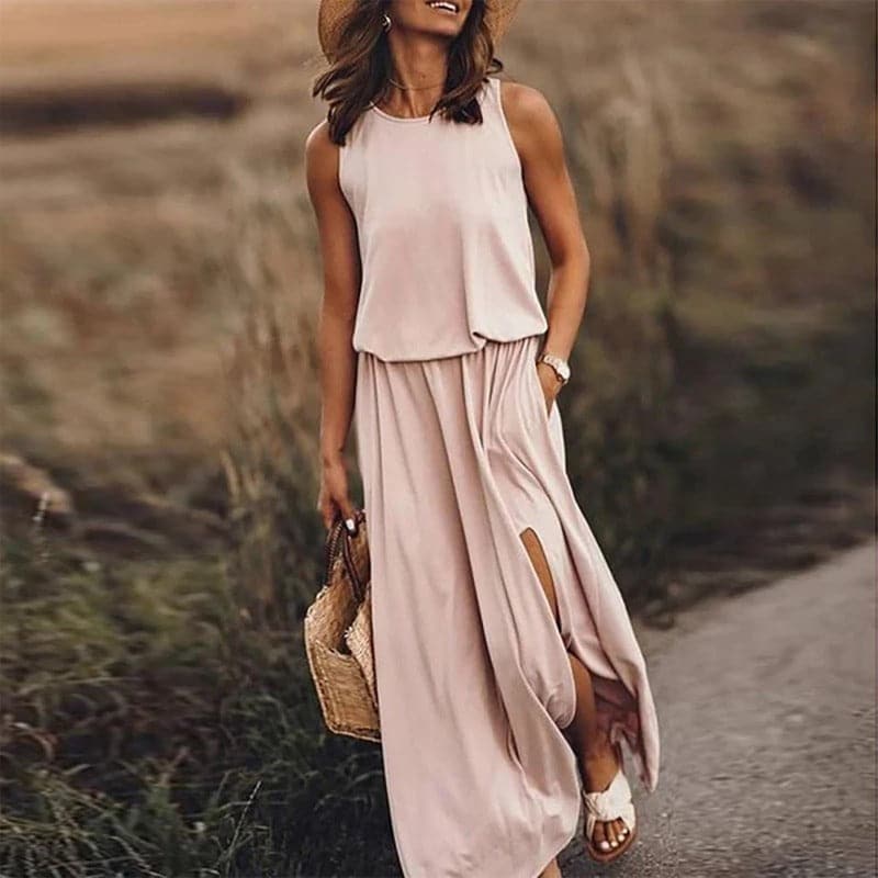 Robe longue femme – Coupe fluide bohème – Taille élastique – Sans manches fendue