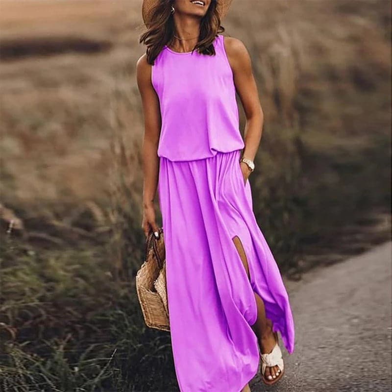 Robe longue femme – Coupe fluide bohème – Taille élastique – Sans manches fendue