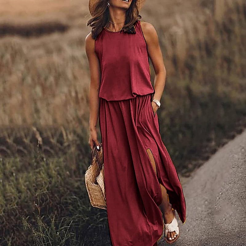 Robe longue femme – Coupe fluide bohème – Taille élastique – Sans manches fendue