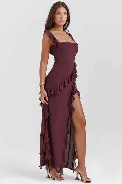Robe femme longue – Fente haute – Bretelles réglables – Détail volant – Coupe élégante