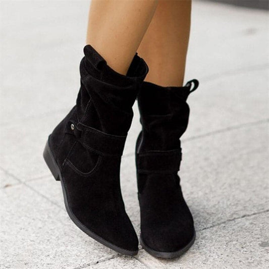 Bottes femme – Suédine souple – Coupe ample – Boucles décoratives – Style décontracté