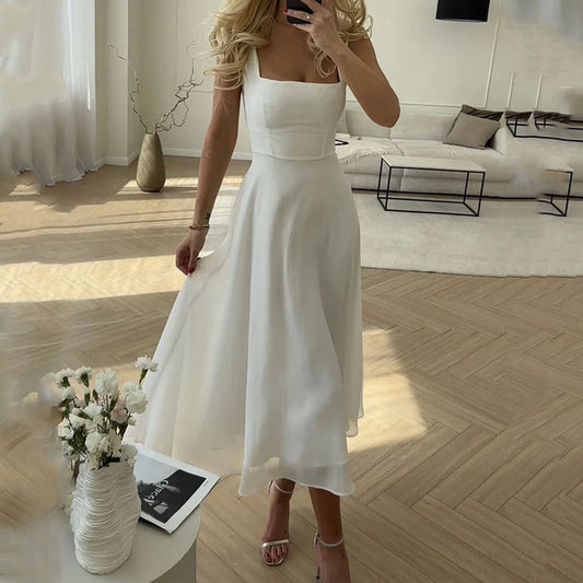 Robe femme sans manches – Encolure carrée – Coupe trapèze – Tissu fluide élégant